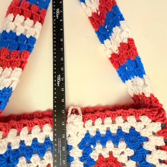 Granny Square Crochet Tote Retro Hippie Style Book Bag Red White Blue School Col - Picture 9 of 16